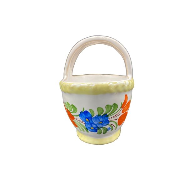 Vintage Ceramic Tole Painted Folk art Basket Hand Painted with Handle 4.5x4.5 - Picture 5 of 16